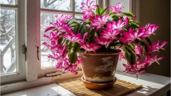 Christmas cactus blooming indoors in winter
